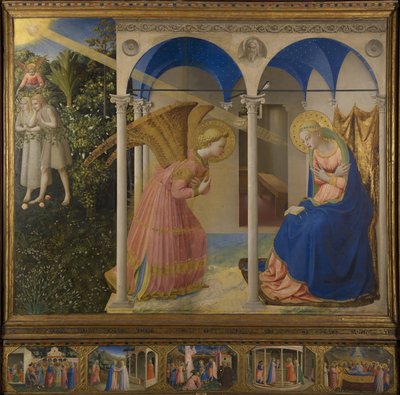 Aankondiging aan Maria, altaarstuk met 5 predellapanelen uit het leven van Maria, hoofdtafel, scène door Fra Angelico